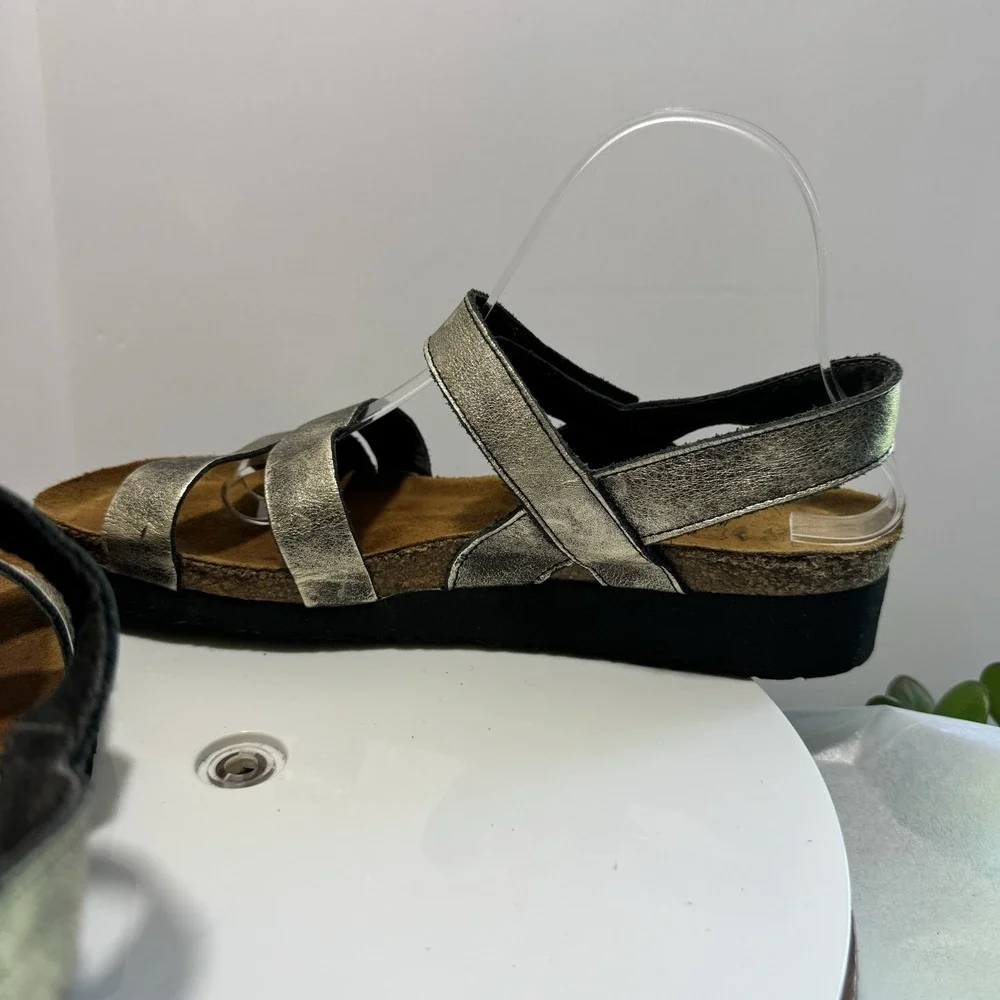 Naot Leather Strappy Boho Wedge Hook Loop‎ Cork Comfort Sandals 42 Gold Black